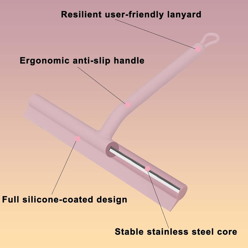 DEOFUXT Squeegee for Shower Glass Doors, Resilient Loop - No-Drill & Adhesive Hook, Silicone Shower Squeegee with Stainless Steel Core, Cleaning Tool for Home, Kitchen, Bathroom & Car - Pink - Image 2